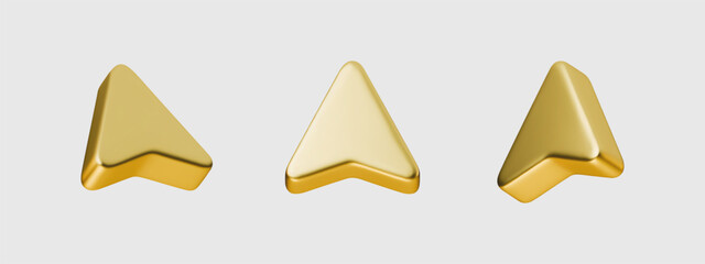 Set gold 3D arrows icon vector navigation element graphic design. Navigation gold arrows 3D icon isolated background. Icon element interface design template asset.
