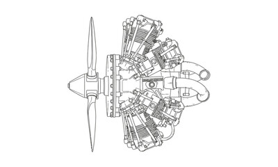 Aircraft Piston Engine Black Line Vector – Plane Engine Outline – Aviation Motor Drawing – aircraft engine, piston, vector