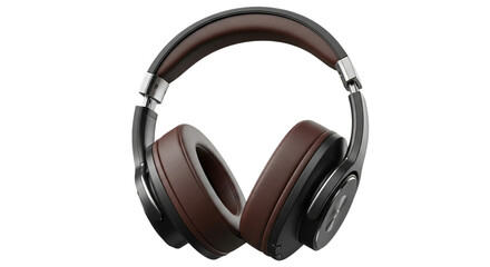 Luxurious over ear headphones featuring rich brown leather and sleek black accents against a deep for product display on transparent background