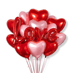 Cluster of shiny red and pink foil balloons, festive romantic arrangement.