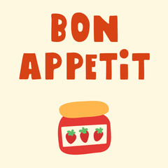 Strawberry Jam Illustration. Vector art of jam jar with text Bon Appetit. Excellent for product packaging, farmers market labels and breakfast brand graphics.