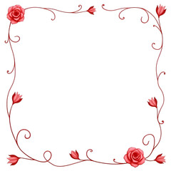 Elegant red rose border with flowing heart tendrils, soft curled vines.