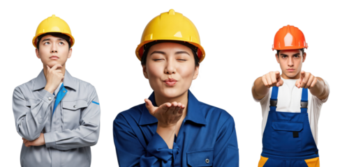 Variety of young adult construction workers in safety gear: an Asian man thinking, an Asian woman blowing a kiss, and a Hispanic man pointing, isolated on a transparent background.