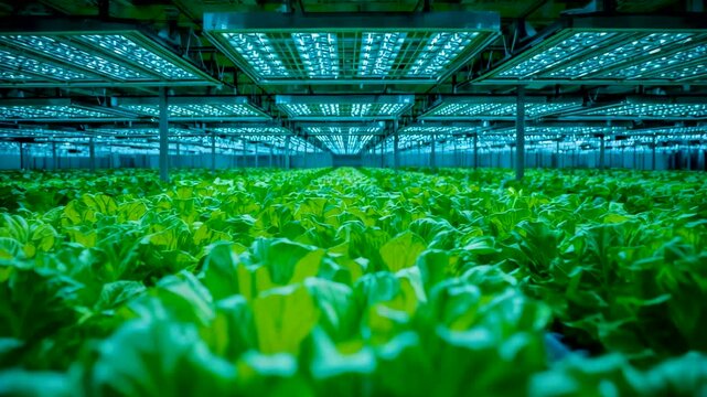 Indoor vertical farm with rows of green lettuce under bright LED grow lights