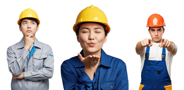 Variety of young adult construction workers in safety gear: an Asian man thinking, an Asian woman blowing a kiss, and a Hispanic man pointing, isolated on a transparent background.