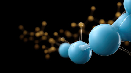 Blue molecule structure with glossy surface, scientific background, abstract chemistry concept, black backdrop, modern design