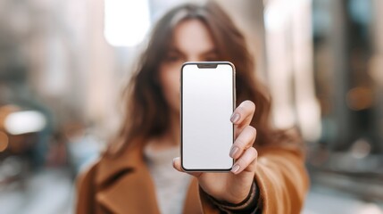 A woman in a city street holds a smartphone with a blank screen, showcasing the device against a blurred urban backdrop.