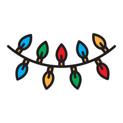 Colorful string lights icon with editable outline, bright holiday bulbs and festive garland. Modern flat line style for Christmas decor, web, apps and party designs