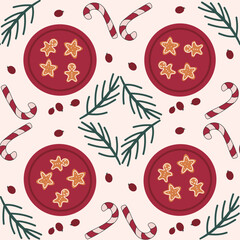 cute hand drawn christmas holiday season seamless vector pattern background vintage illustration with gingerbread homemade cookies on a red plate, berries, fir branches and candy cane