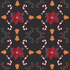 cute hand drawn christmas holiday season seamless vector pattern background vintage illustration with red poinsettia flowers, golden bells, mistletoe branches and candy cane