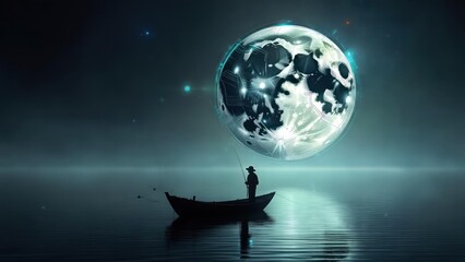 A figure fishes from a boat, casting a line towards a luminous, network-detailed moon