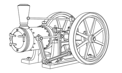 Steam Engine Cylinder Black Line Vector – Vintage Mechanical Outline – Old Train Engine Drawing – steam engine, vintage, outline © PixelCraft-Studio