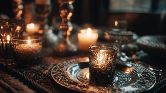 Candlelit vintage table setting with ornate plates