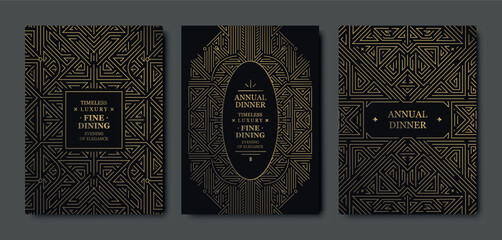 Luxury gold art deco background with geometric lines, elegant borders, vintage gatsby patterns. Premium vector illustrations for wedding cards, party invitations, VIP gala designs, labels