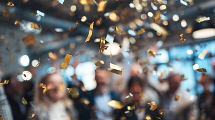 Office party celebration with flying confetti and blurred business people, festive atmosphere for corporate events and success milestones. High quality