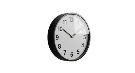 Minimalist black and white analog wall clock with clear numbers against a stark emphasizing time passing on transparent background