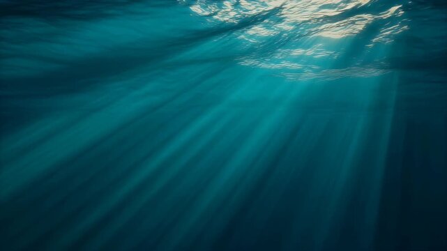 Dramatic sunbeams pierce the deep blue ocean water from the surface above.