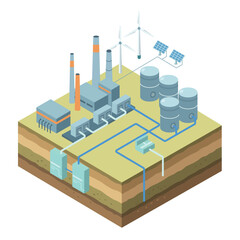 Carbon capture and storage infrastructure connected with wind turbines and solar panels for clean energy transition and climate change mitigation