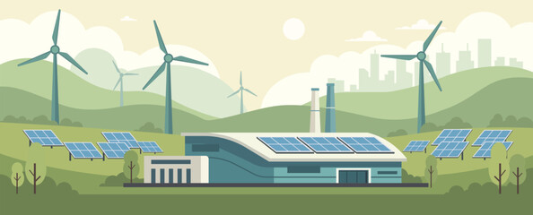 Renewable energy facility using solar panels and wind turbines for clean power generation and sustainable green environment concept