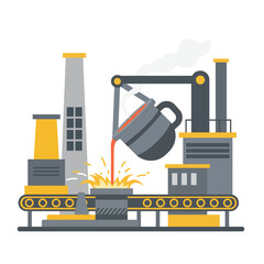 Industrial metal casting process with molten steel pouring in factory production line, manufacturing concept for heavy industry and steel processing