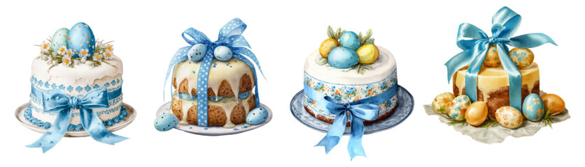 Watercolor Easter cake set. Vintage baked cupcakes with icing and cream, decorated with Easter eggs and ribbons with a bow. Vintage decor for Easter designs. Vector illustration.