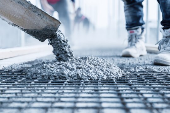 Pouring concrete on steel rebar grid, reinforced mesh at a building site. Cement truck. Worker is spreading a thin layer of wet gray foundation surface. Create solid floor. Liquid concreting process