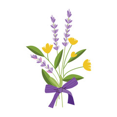 Spring bouquet of lavender and yellow wildflowers tied with a bow. Illustration for greeting cards, prints, wedding invitations