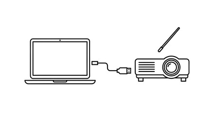 Line drawing of a laptop connected to a projector with a stylus above the projector device