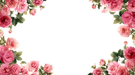 Pink watercolor roses and green leaves are forming a decorative corner border on a white background, useful for various elegant and romantic design elements