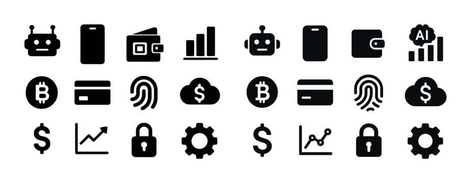 Set of black technology and finance icons including robots and fingerprints