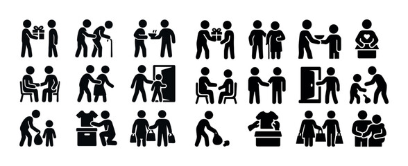 Stick figures illustrating acts of kindness and community support