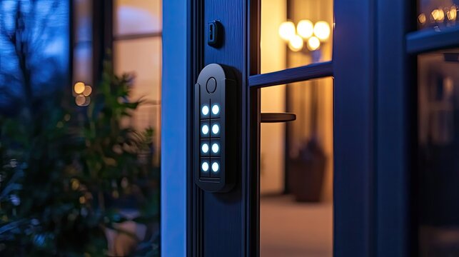 A smart lock on a modern front door, with its keypad illuminated, providing keyless entry, home security and convenience, moody evening light, detailed and sleek.