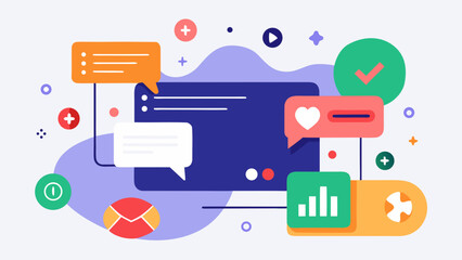 Colorful abstract illustration of online communication and data analytics with chat bubbles and digital icons
