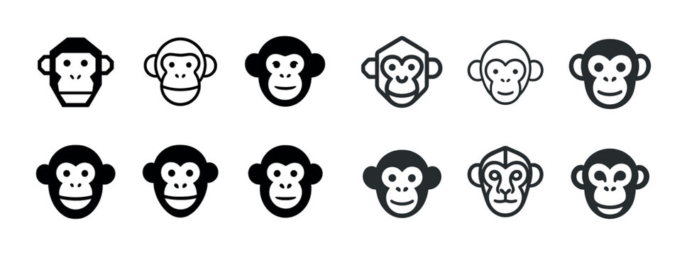 Variety of monkey icon designs in black and white styles
