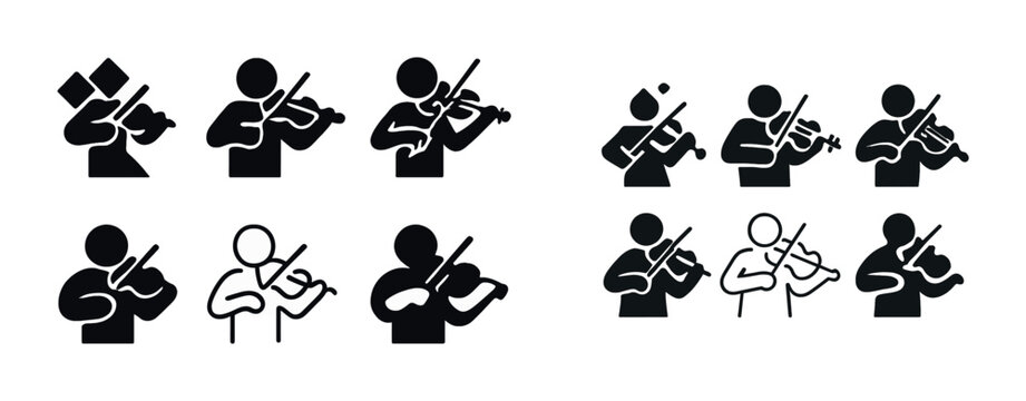 Silhouette icons of musicians playing violins in diverse poses
