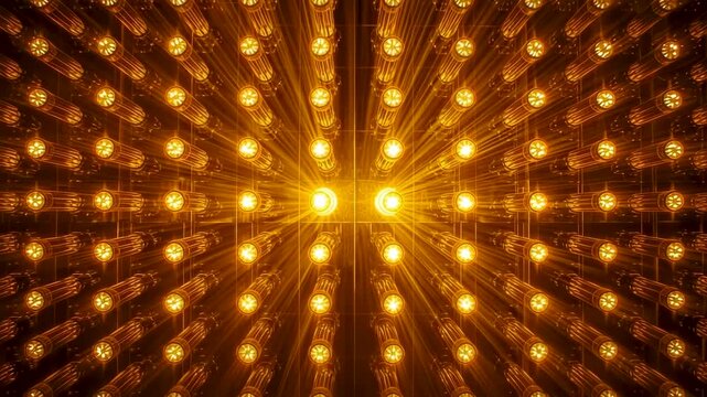 Symmetrical pattern of glowing orange light bulbs arranged in geometric radial formation