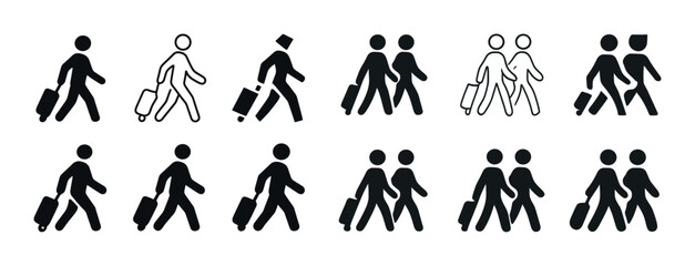 Silhouette icons of walking travelers with luggage