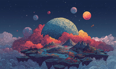 surreal digital art of an abstract planet with swirling clouds, colorful mountains, and vibrant planets floating in the sky. the scene is set against a gradient background featuring bright colors like