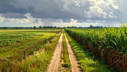 Rural dirt path winding between green fields under a stormy sky