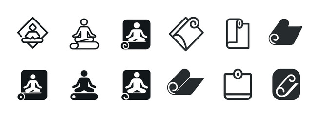 Icons for yoga and meditation: silhouettes of poses and mats