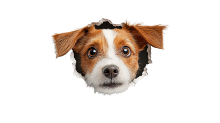 Cute Dog Peeking Through a Torn Paper Hole on Transparent Background