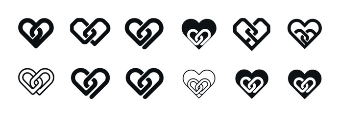 Collection of 12 interlocking heart symbols in black and white