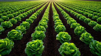 A vibrant farm scene showing neatly arranged rows of young, healthy green lettuce plants, rich soil, morning sunlight, wide aerial perspective, natural agricultural setting.