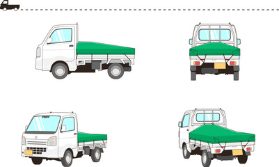 荷台カバーを付けた白い軽トラックのベクター素材イラストセット