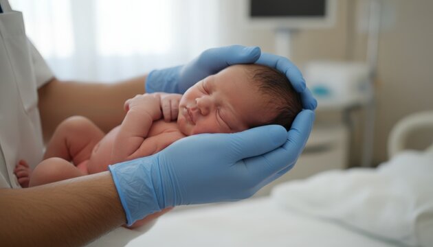 Medical professional hands in blue gloves gently holding a sleeping newborn infant, representing new life, healthcare, and the miracle of birth, with hospital equipment blurred in the background