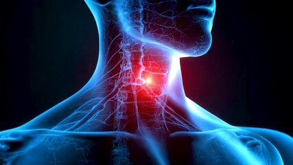 Human neck anatomy showing highlighted throat area with glowing red light indicating pain region