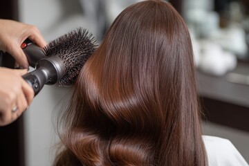 Fototapeta premium Woman with long, shiny, straight brown hair is sitting in the salon chair while her professional stylist dries it with a blow-dryer. Beautiful hairstyle. Close-up of hair styled with an electric dryer