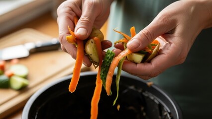 Person composting kitchen scraps into a black compost bin for sustainable gardening.