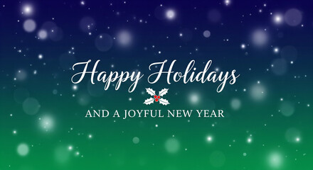 Festive greeting card featuring elegant white script text wishing happy holidays and a joyful new year over a bokeh background