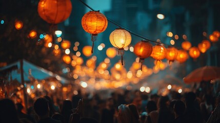 Paper lanterns glowing overhead, illuminating blurred crowd celebrating street party with festive energy, radiating warmth and communal spirit during nighttime gathering. High quality